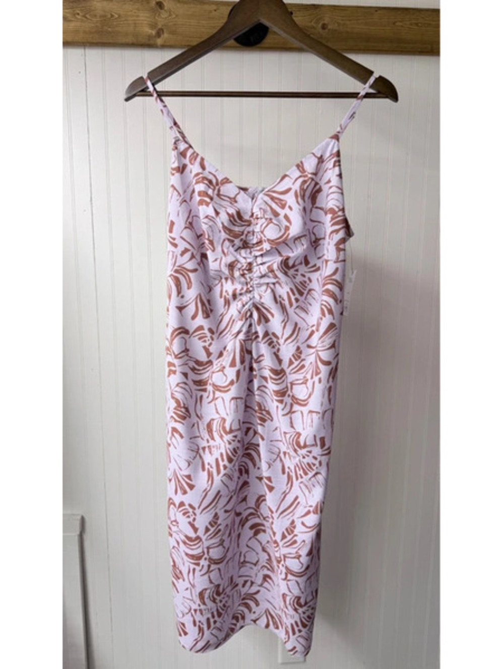 Nine West strappy sundress ruched rose brown leaf medium new coastal vacation